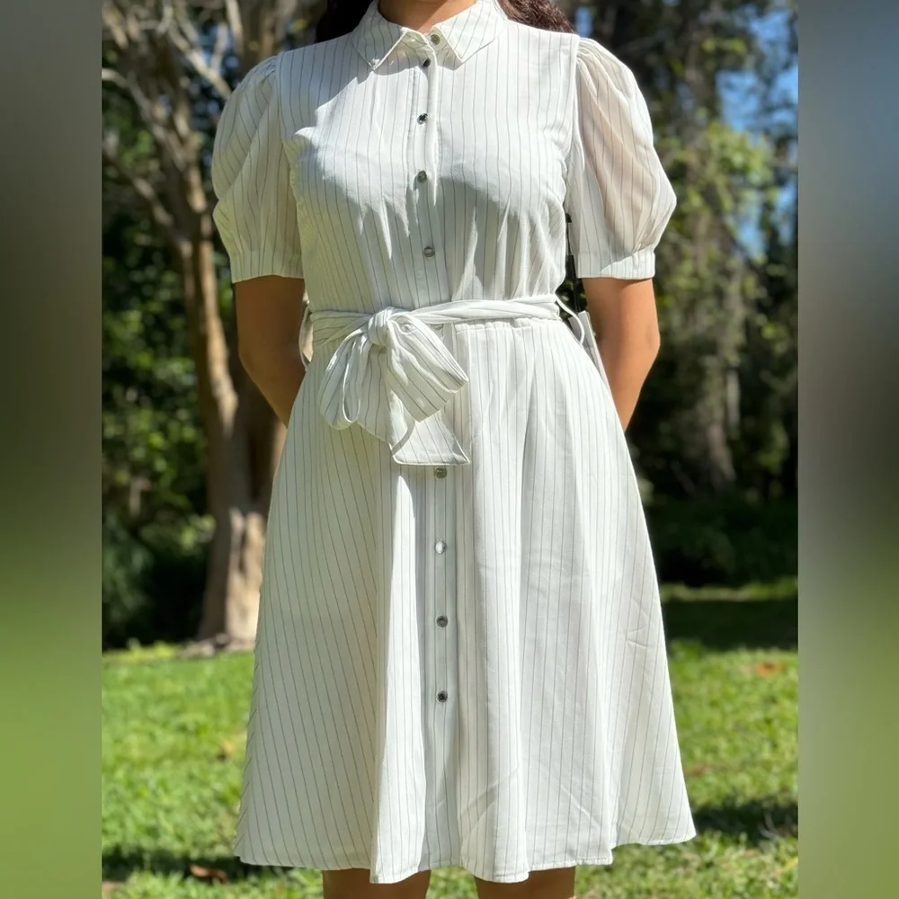 KARL LAGERFELD PARIS Women's Striped Tie-Front Shirtdress - Picture 2 of 14